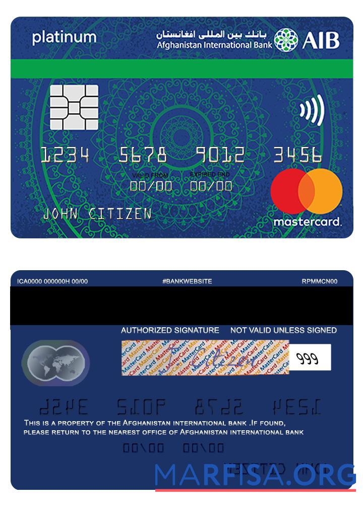 Blank Afghanistan international bank mastercard platinum islamic card template